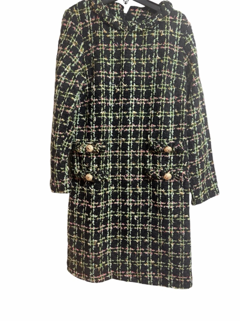 Tweed Plaid Hooded Coat Dress in Black with Lime & Pink Accents Sz M Women - Picture 2 of 8
